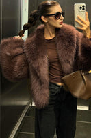 Laden Sie das Bild in den Galerie-Viewer, Brauner Schal Revers Kunstpelz Damen Kurzer Wintermantel