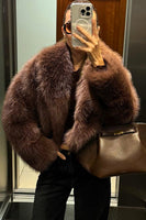 Laden Sie das Bild in den Galerie-Viewer, Brauner Schal Revers Kunstpelz Damen Kurzer Wintermantel