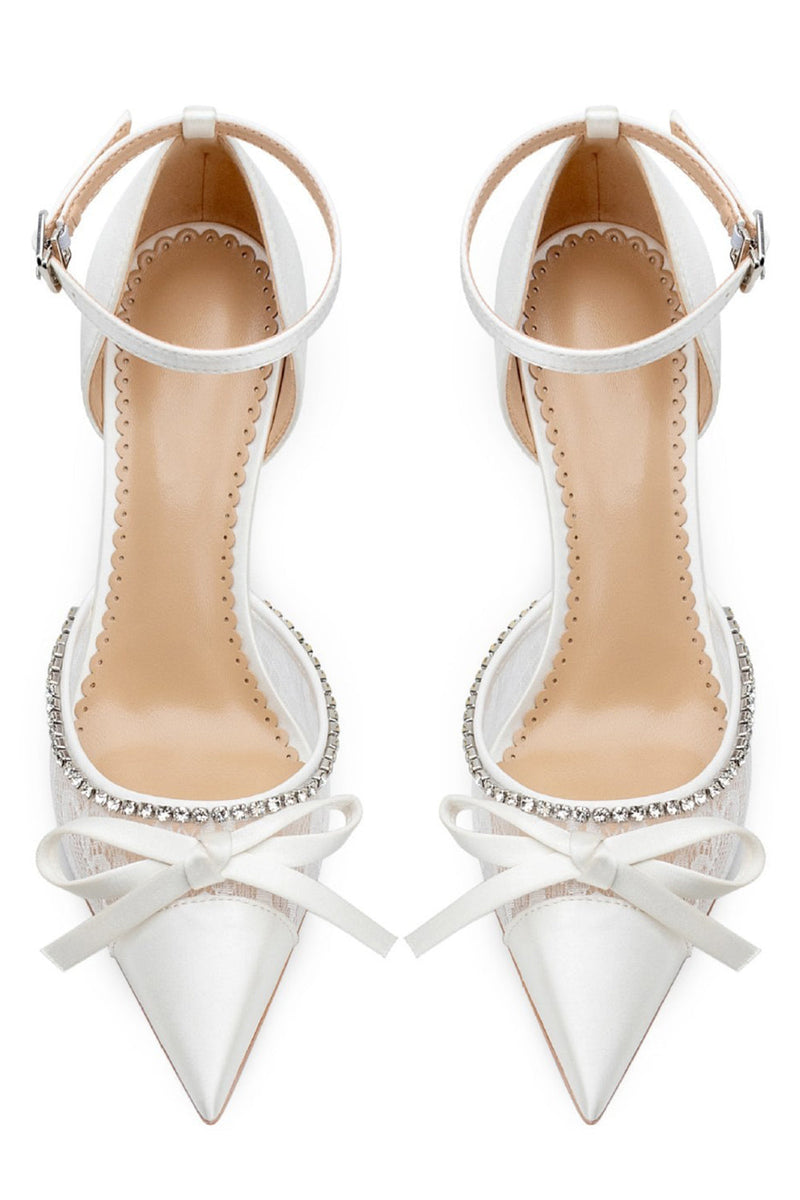 Laden Sie das Bild in den Galerie-Viewer, Elfenbein Spitze Stilettos Hohe Absätze Sandalen Hochzeitsschuhe mit Schleife