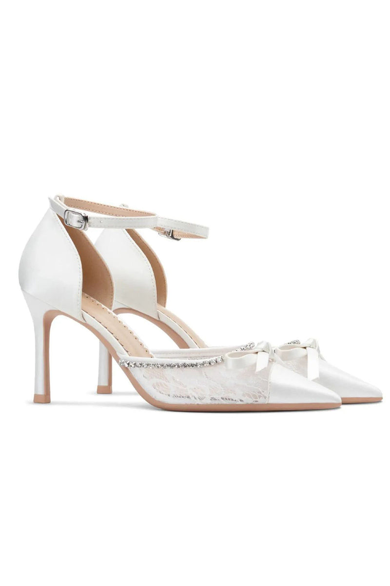 Laden Sie das Bild in den Galerie-Viewer, Elfenbein Spitze Stilettos Hohe Absätze Sandalen Hochzeitsschuhe mit Schleife