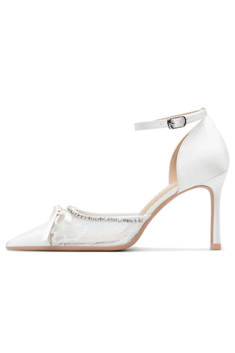 Laden Sie das Bild in den Galerie-Viewer, Elfenbein Spitze Stilettos Hohe Absätze Sandalen Hochzeitsschuhe mit Schleife