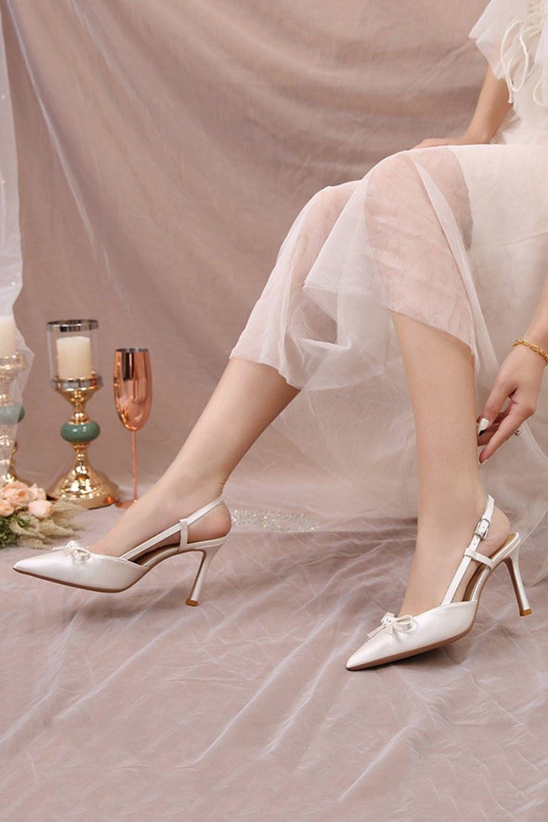 Laden Sie das Bild in den Galerie-Viewer, Elegante Elfenbeinspitzte Stilettos Hochzeitsschuhe mit Schleife