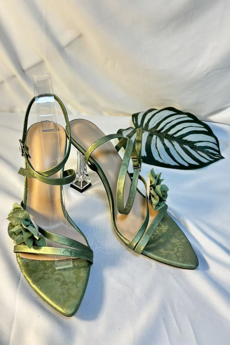 Laden Sie das Bild in den Galerie-Viewer, Grüner Knöchelriemen mit offener Spitze Transparente Hohe Absätze mit 3D-Blume