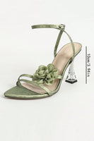 Laden Sie das Bild in den Galerie-Viewer, Grüner Knöchelriemen mit offener Spitze Transparente Hohe Absätze mit 3D-Blume