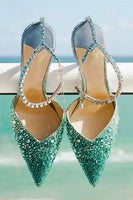 Laden Sie das Bild in den Galerie-Viewer, Glitzernde Orange Strass Stiletto Sandalen mit spitzer Zehe