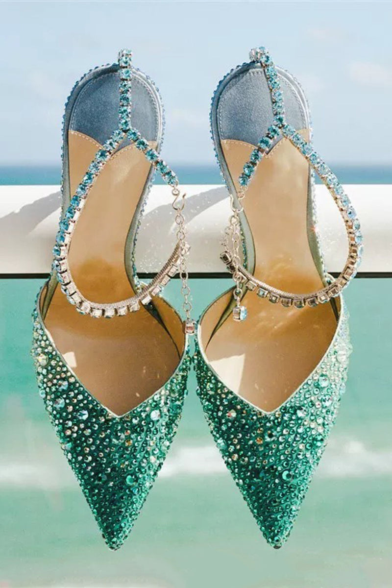 Laden Sie das Bild in den Galerie-Viewer, Glitzernde Orange Strass Stiletto Sandalen mit spitzer Zehe