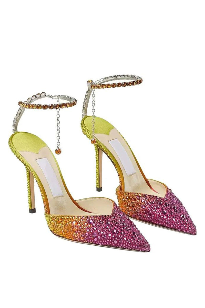 Laden Sie das Bild in den Galerie-Viewer, Glitzernde Orange Strass Stiletto Sandalen mit spitzer Zehe