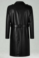 Laden Sie das Bild in den Galerie-Viewer, Schwarzer Gekerbter Lederfraat mit Revers und Doppelreih Langer Trenchcoat