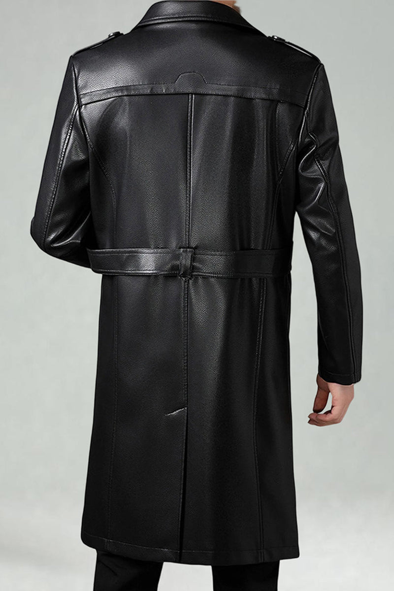 Laden Sie das Bild in den Galerie-Viewer, Schwarzer Gekerbter Lederfraat mit Revers und Doppelreih Langer Trenchcoat