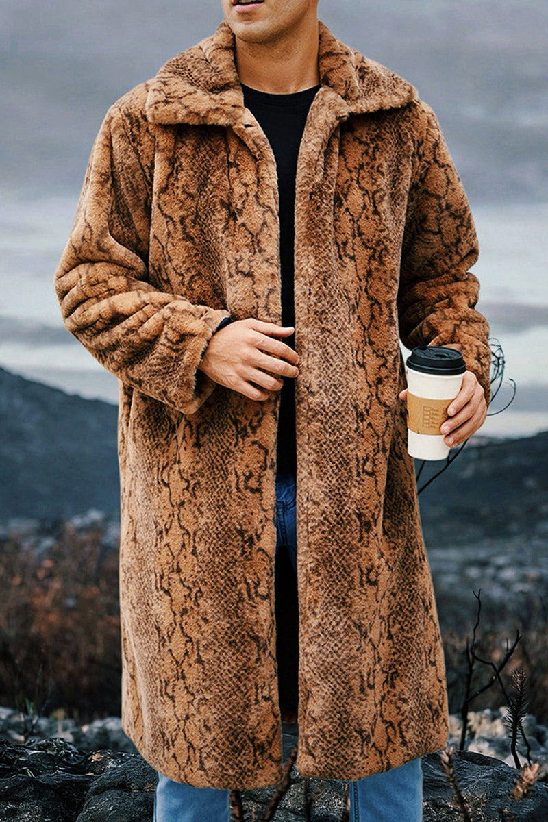 Laden Sie das Bild in den Galerie-Viewer, Elfenbein Leopard Faux Fur Warmth Langer Herrenmantel mit Taschen