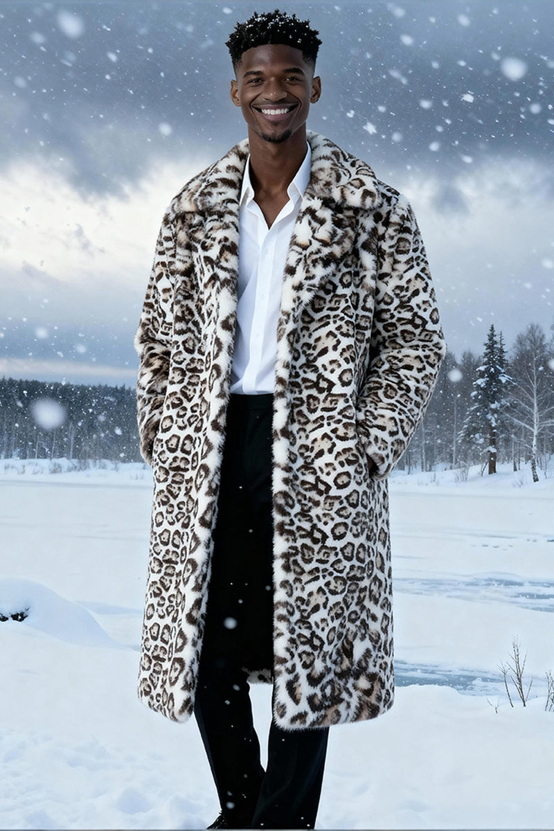 Laden Sie das Bild in den Galerie-Viewer, Elfenbein Leopard Faux Fur Warmth Langer Herrenmantel mit Taschen