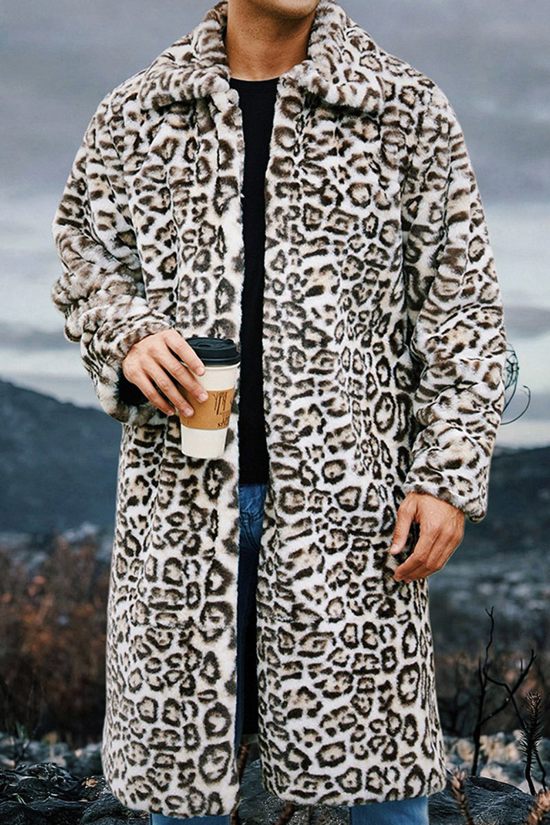 Laden Sie das Bild in den Galerie-Viewer, Elfenbein Leopard Faux Fur Warmth Langer Herrenmantel mit Taschen