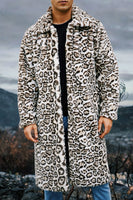 Laden Sie das Bild in den Galerie-Viewer, Elfenbein Leopard Faux Fur Warmth Langer Herrenmantel mit Taschen