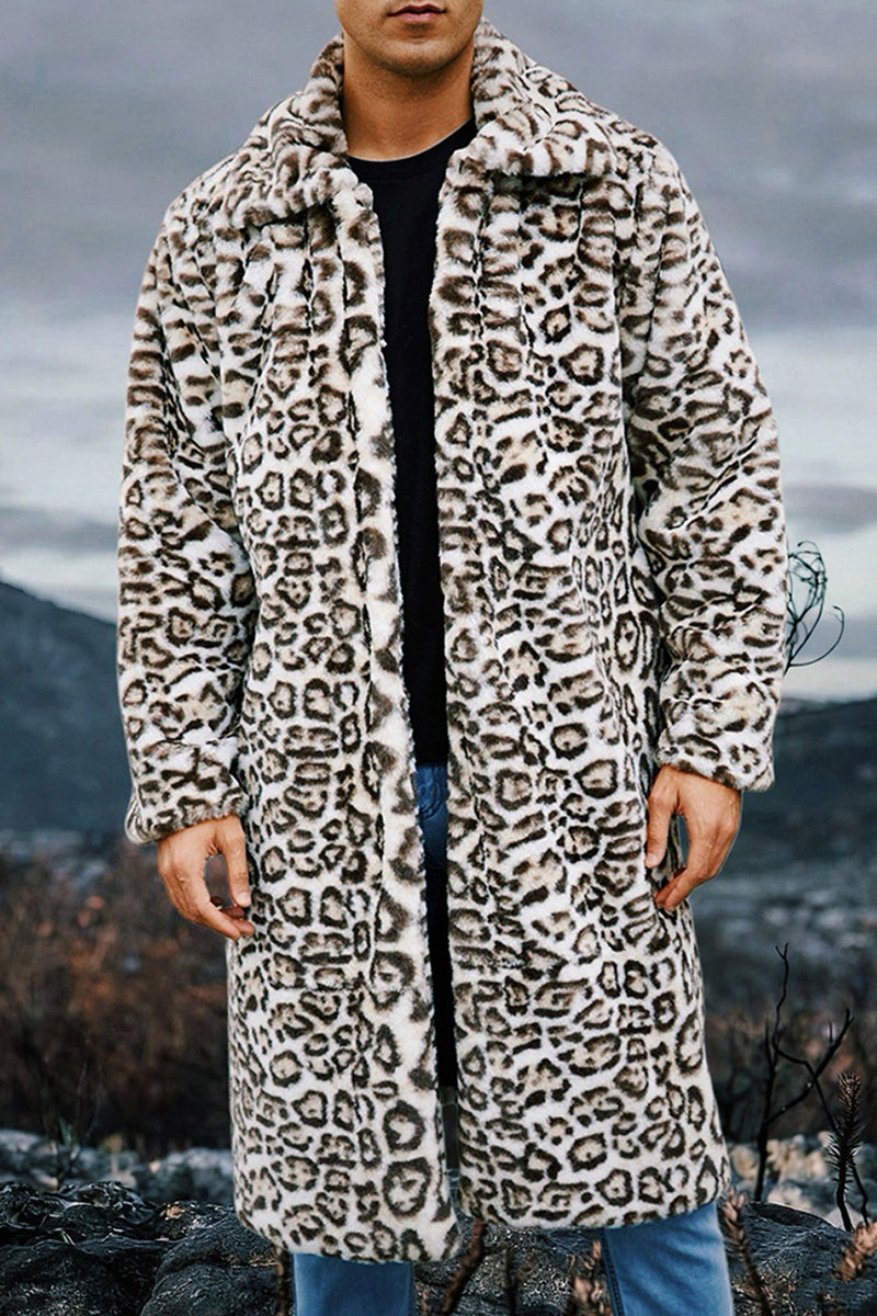 Laden Sie das Bild in den Galerie-Viewer, Elfenbein Leopard Faux Fur Warmth Langer Herrenmantel mit Taschen
