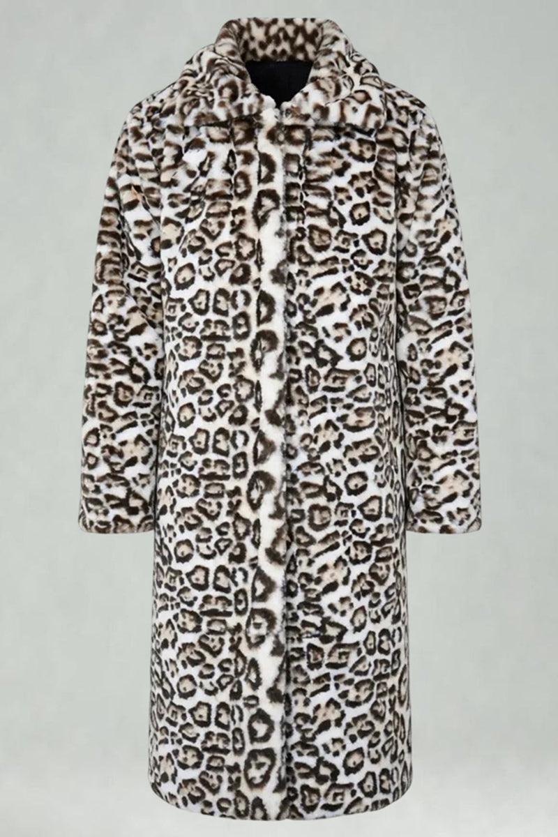 Laden Sie das Bild in den Galerie-Viewer, Elfenbein Leopard Faux Fur Warmth Langer Herrenmantel mit Taschen