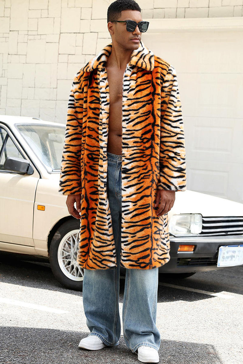 Laden Sie das Bild in den Galerie-Viewer, Herren Gelber Offener Schalkragen mit Langem Kunstpelzmantel