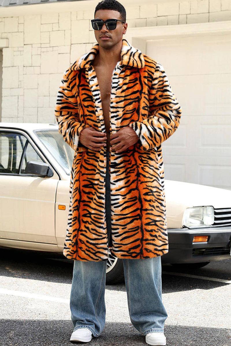 Laden Sie das Bild in den Galerie-Viewer, Herren Gelber Offener Schalkragen mit Langem Kunstpelzmantel