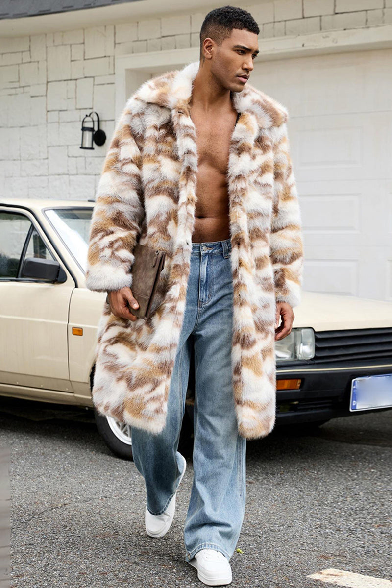 Laden Sie das Bild in den Galerie-Viewer, Herren Aprikosen Tarnkleidung Kunstpelz Schalkragen Langer Mantel