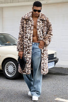 Laden Sie das Bild in den Galerie-Viewer, Brauner Leoparden Dicker Kunstpelz mit Offener Vorderseite Langer Herrenmantel