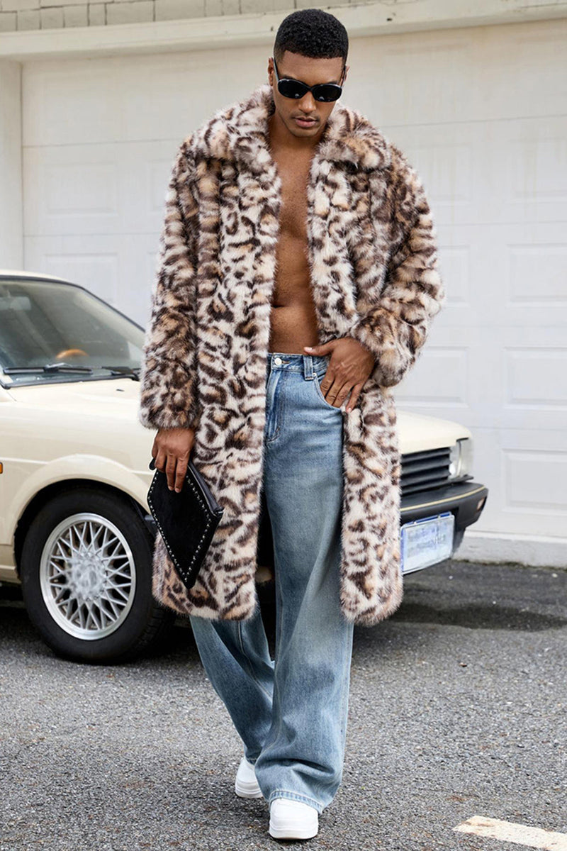 Laden Sie das Bild in den Galerie-Viewer, Brauner Leoparden Dicker Kunstpelz mit Offener Vorderseite Langer Herrenmantel