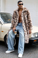 Laden Sie das Bild in den Galerie-Viewer, Brauner Leoparden Dicker Kunstpelz mit Offener Vorderseite Langer Herrenmantel