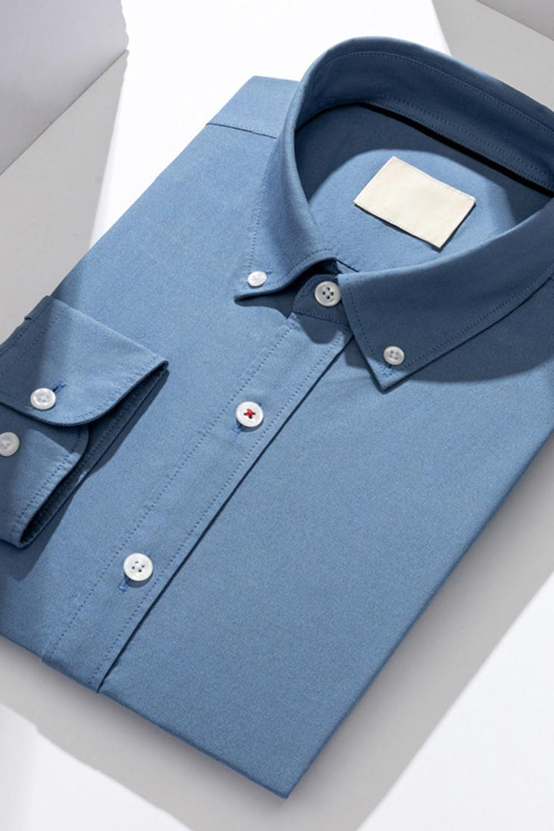 Laden Sie das Bild in den Galerie-Viewer, Blaugrau Slim Fit Langärmeliger Einfarbter Herrenanzug Hemd