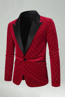Laden Sie das Bild in den Galerie-Viewer, Grün Samt Check Peak Revers Herren Abschlussball Blazer