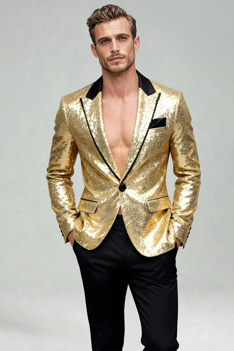 Laden Sie das Bild in den Galerie-Viewer, Glitzernder Gold Peak Revers Herrenabschlussball Blazer