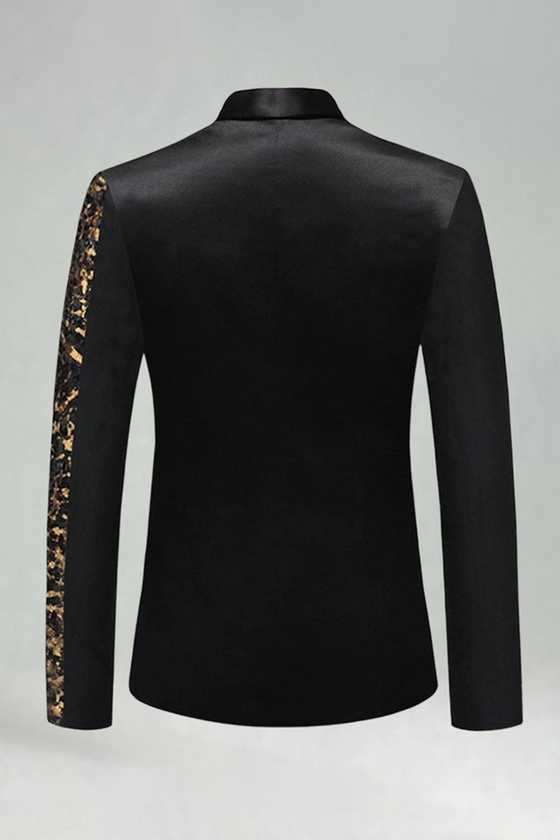 Laden Sie das Bild in den Galerie-Viewer, Schwarzer Goldener Pailletten Blazer für Herrenabschlussball mit goldener Notching