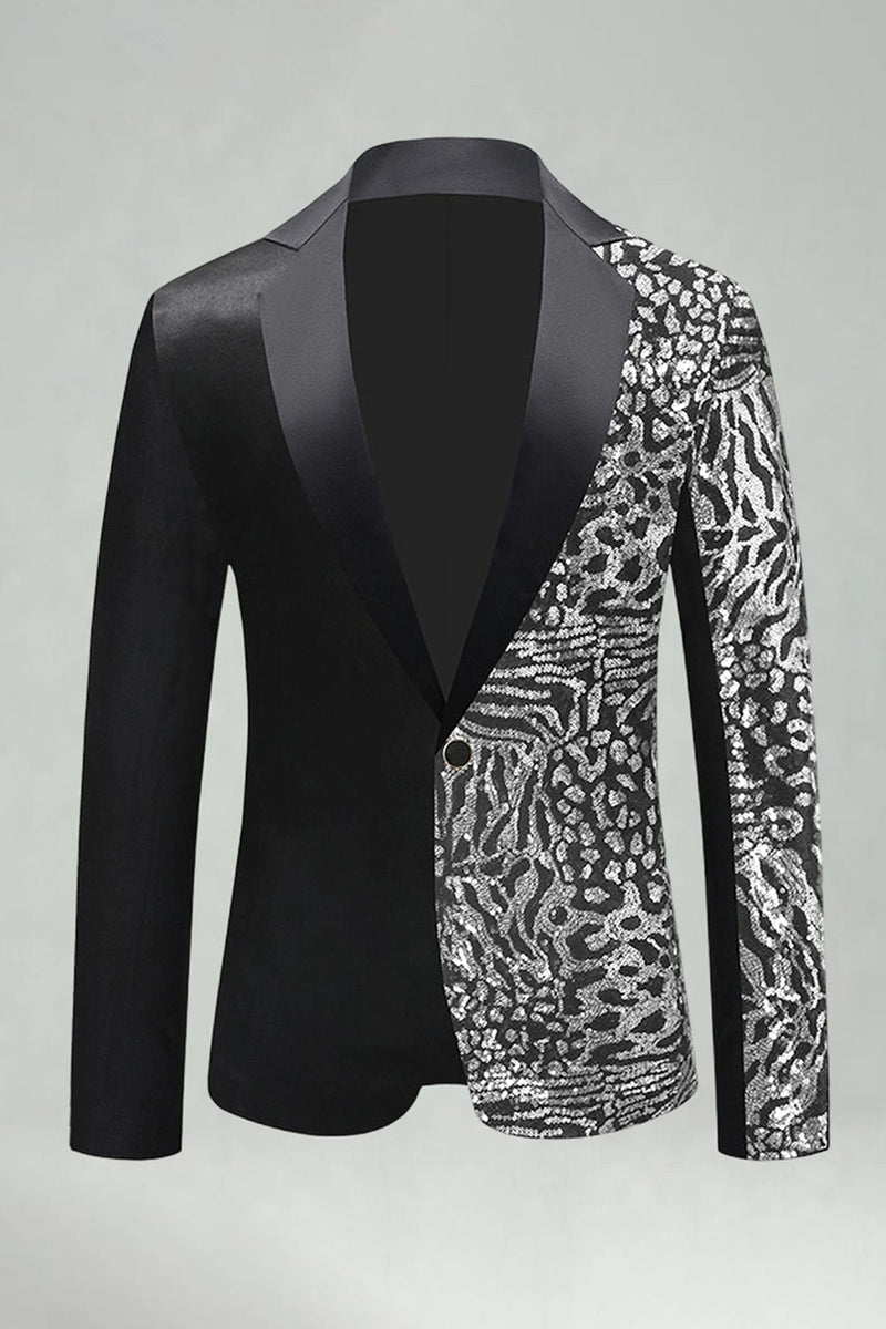 Laden Sie das Bild in den Galerie-Viewer, Schwarzer Goldener Pailletten Blazer für Herrenabschlussball mit goldener Notching