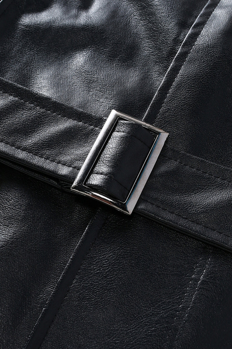 Laden Sie das Bild in den Galerie-Viewer, Schwarzer Leder Trenchcoat mit Revers und Gürtel