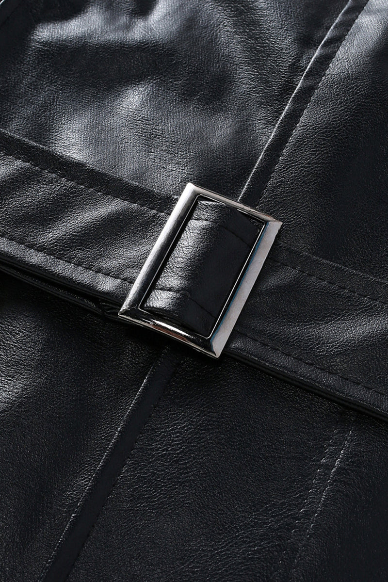 Laden Sie das Bild in den Galerie-Viewer, Schwarzer Leder Trenchcoat mit Revers und Gürtel