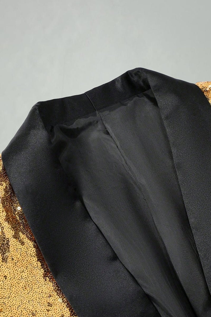Laden Sie das Bild in den Galerie-Viewer, Glitzernder Goldener Schal mit Revers und Einzelschnalle Herren Abschlussball-Blazer
