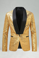Laden Sie das Bild in den Galerie-Viewer, Glitzernder Goldener Schal mit Revers und Einzelschnalle Herren Abschlussball-Blazer