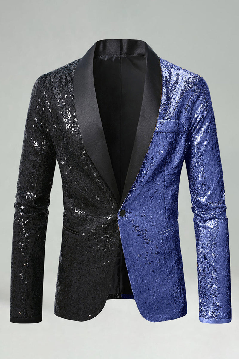 Laden Sie das Bild in den Galerie-Viewer, Glitzernder Schwarzer Goldener Schal mit Revers und Einzelschnalle Herren Ball Blazer