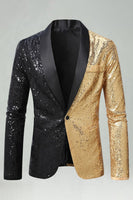 Laden Sie das Bild in den Galerie-Viewer, Glitzernder Schwarzer Goldener Schal mit Revers und Einzelschnalle Herren Ball Blazer