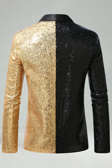 Glitzernder Schwarzer Goldener Schal mit Revers und Einzelschnalle Herren Ball Blazer