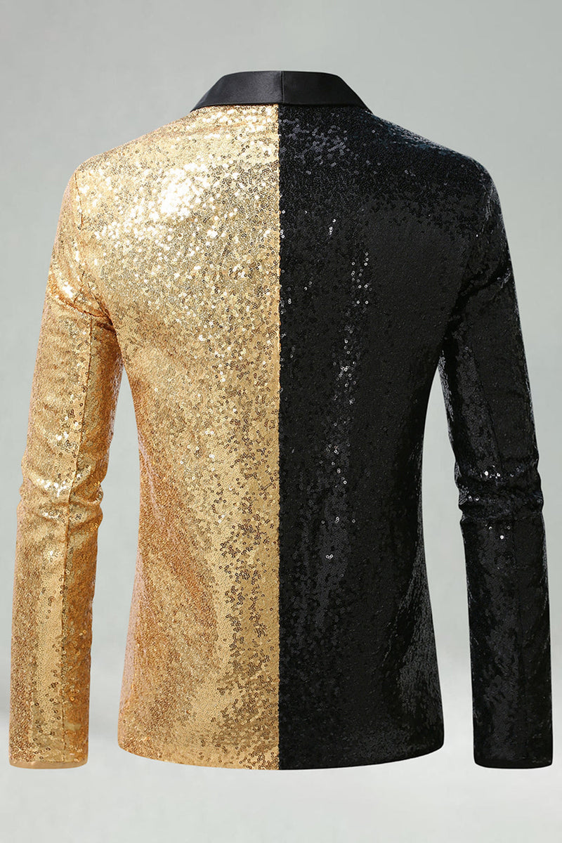 Laden Sie das Bild in den Galerie-Viewer, Glitzernder Schwarzer Goldener Schal mit Revers und Einzelschnalle Herren Ball Blazer