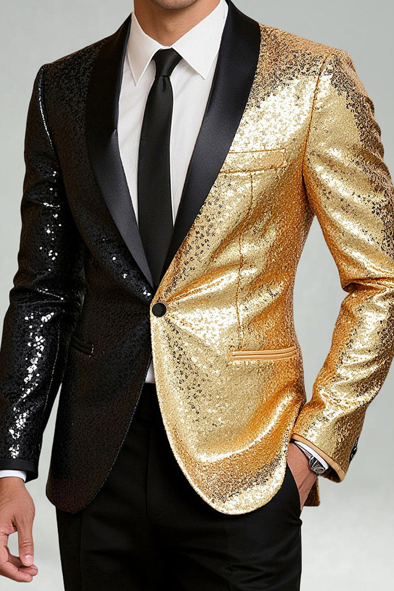 Laden Sie das Bild in den Galerie-Viewer, Glitzernder Schwarzer Goldener Schal mit Revers und Einzelschnalle Herren Ball Blazer