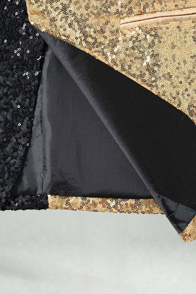 Laden Sie das Bild in den Galerie-Viewer, Glitzernder Schwarzer Goldener Schal mit Revers und Einzelschnalle Herren Ball Blazer