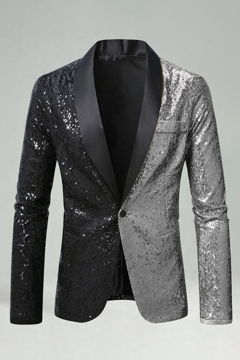 Laden Sie das Bild in den Galerie-Viewer, Glitzernder Schwarzer Goldener Schal mit Revers und Einzelschnalle Herren Ball Blazer