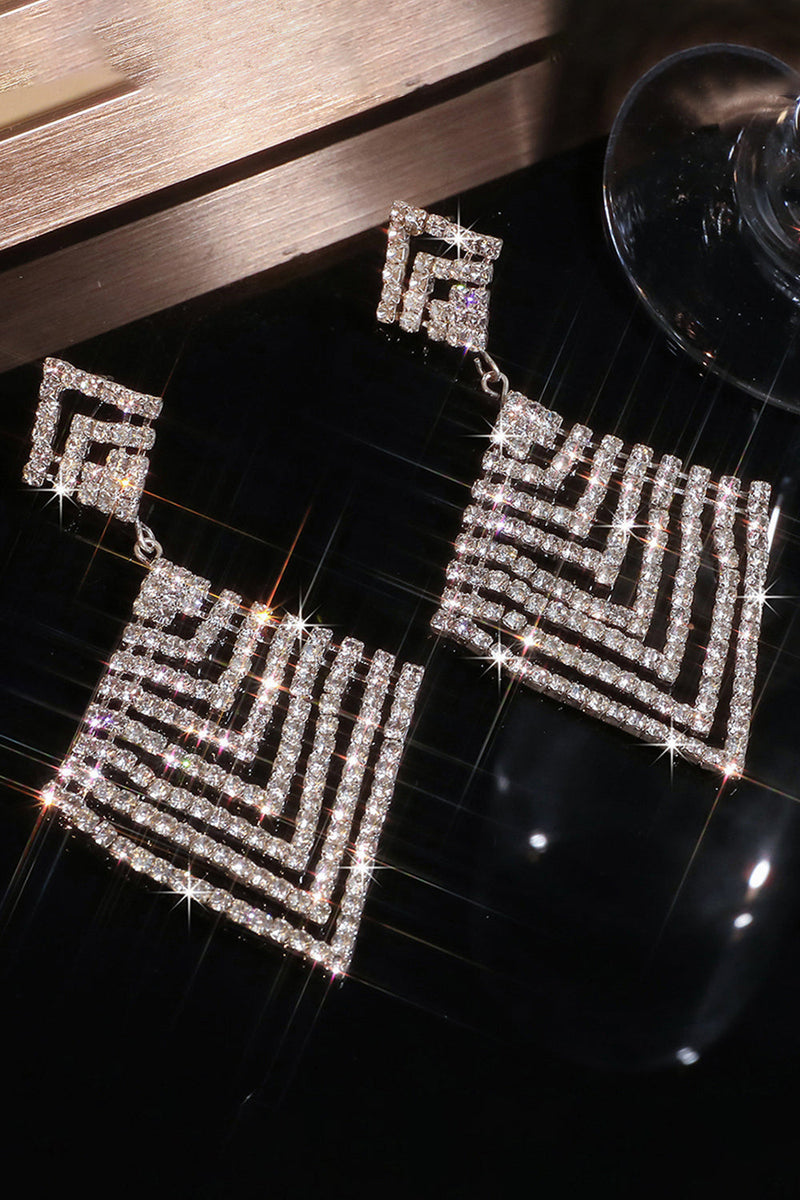 Laden Sie das Bild in den Galerie-Viewer, Glitzernde Silberne Langball Quadrat Ohrringe mit Strasssteinen