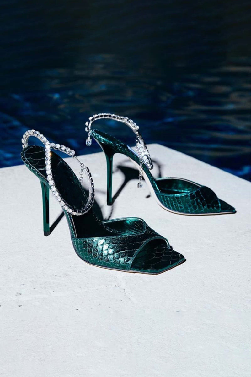 Laden Sie das Bild in den Galerie-Viewer, Glitzernde Dunkelgrüne Strassstein Stilettos Hohe Absätze Sandale mit Knöchelkette