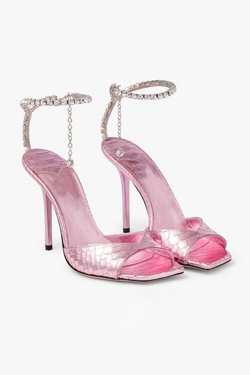 Laden Sie das Bild in den Galerie-Viewer, Glitzernde Dunkelgrüne Strassstein Stilettos Hohe Absätze Sandale mit Knöchelkette