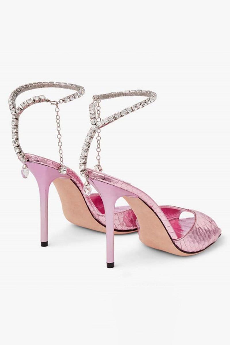 Laden Sie das Bild in den Galerie-Viewer, Glitzernde Dunkelgrüne Strassstein Stilettos Hohe Absätze Sandale mit Knöchelkette