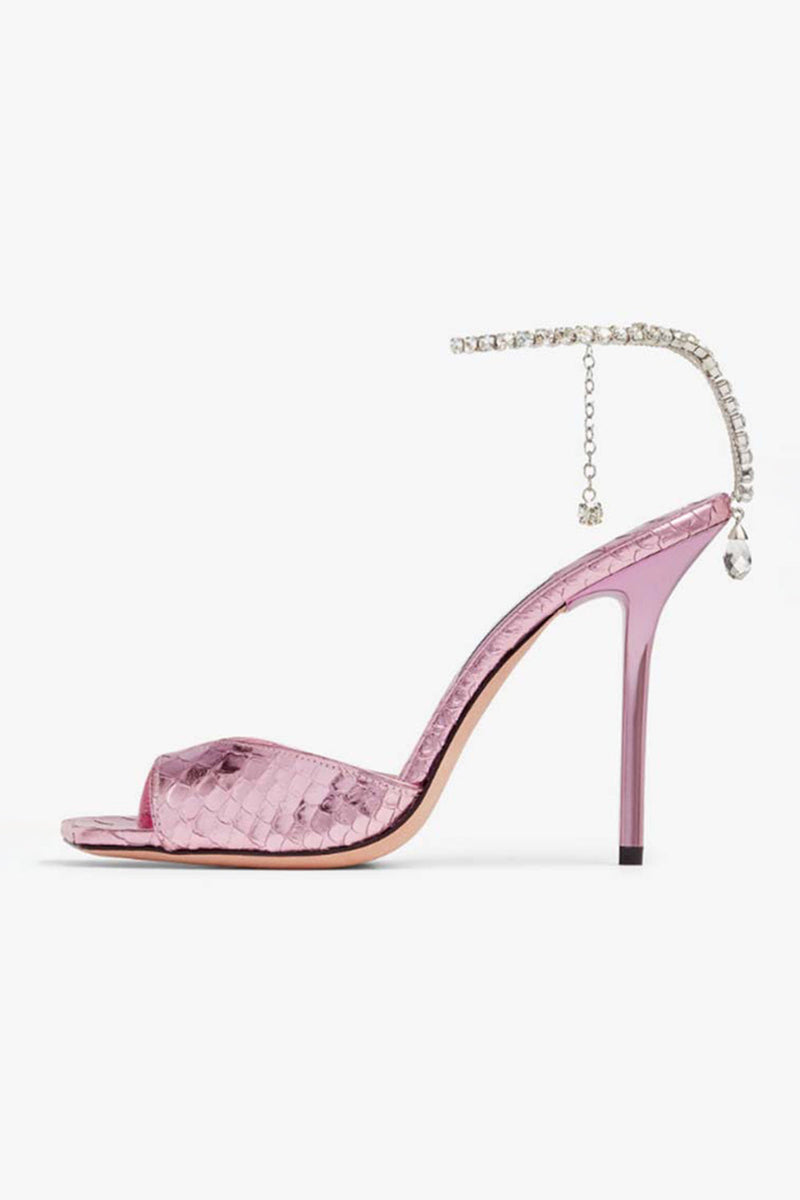 Laden Sie das Bild in den Galerie-Viewer, Glitzernde Dunkelgrüne Strassstein Stilettos Hohe Absätze Sandale mit Knöchelkette