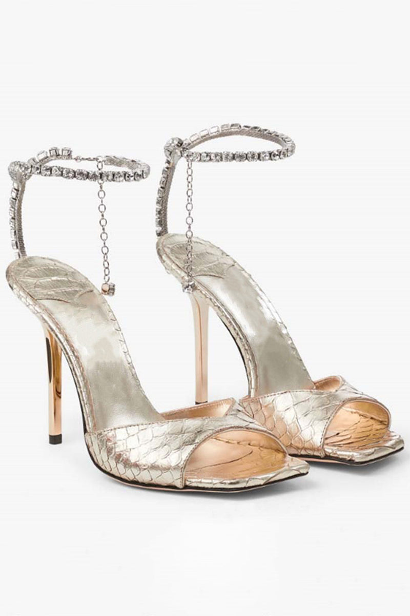 Laden Sie das Bild in den Galerie-Viewer, Glitzernde Dunkelgrüne Strassstein Stilettos Hohe Absätze Sandale mit Knöchelkette