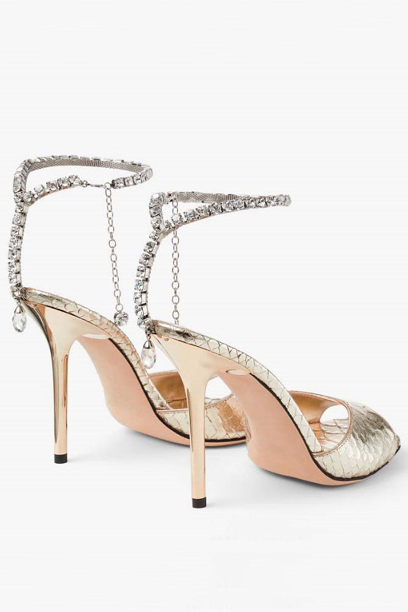 Laden Sie das Bild in den Galerie-Viewer, Glitzernde Dunkelgrüne Strassstein Stilettos Hohe Absätze Sandale mit Knöchelkette