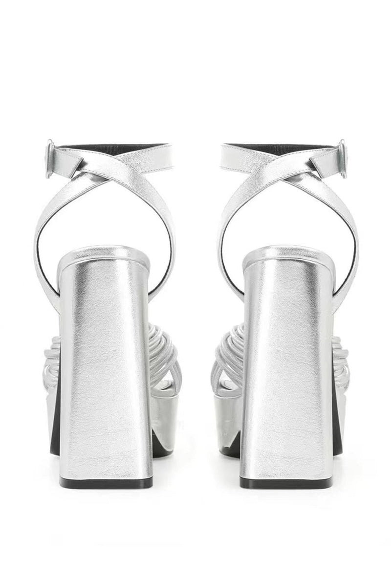 Laden Sie das Bild in den Galerie-Viewer, Silberne Offene Schuhe Dicke Lackplatte Hohe Absätze mit Fußgelenkriemen