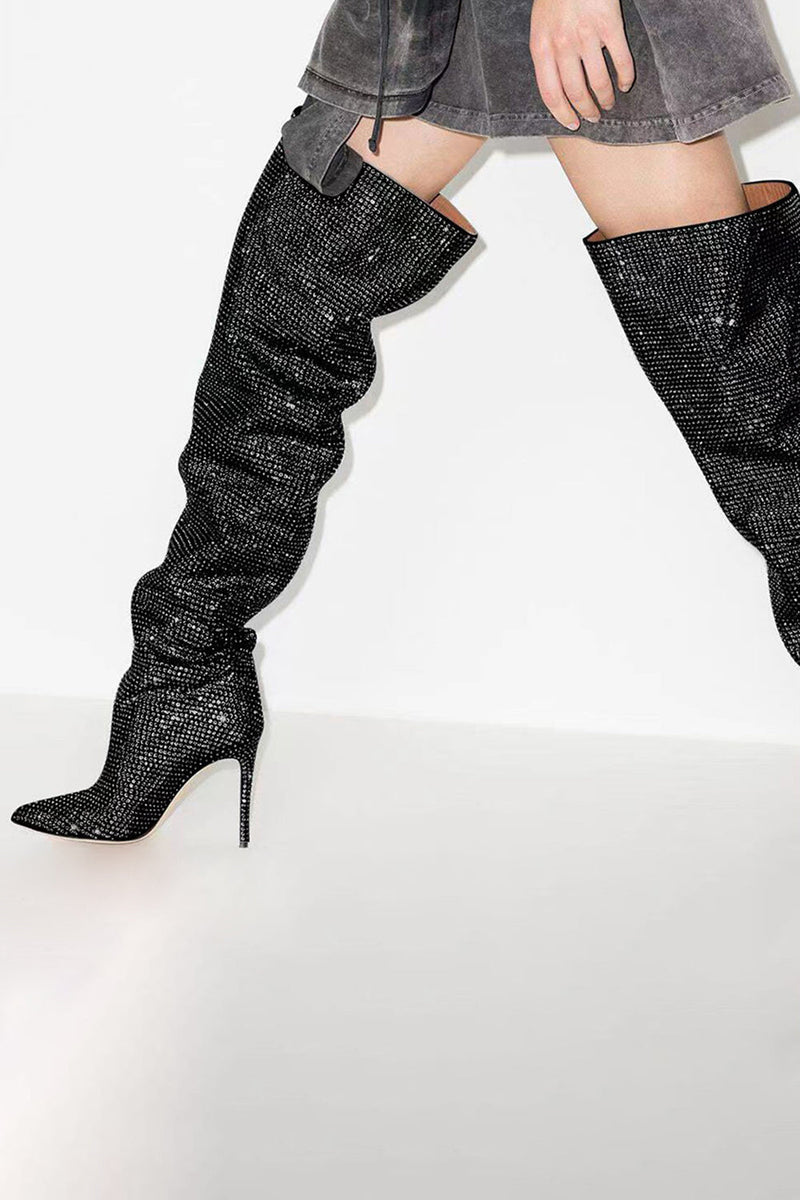 Laden Sie das Bild in den Galerie-Viewer, Glitzernde Silberne Strass- Stilettos über dem Knie Abschlussballstiefel